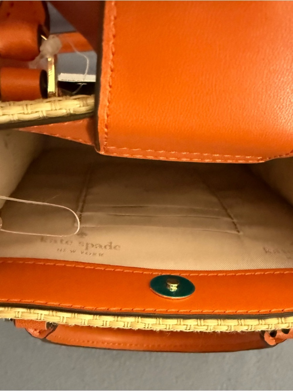 NWT Kate Spade Mini Ellie Tote Orange Leather with Tan Straw Canvas - Picture 6 of 12